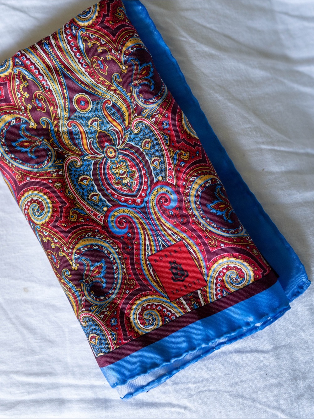 Robert Talbott Paisley Silk Pocket Square Handkerchief Blue Burgundy Italian